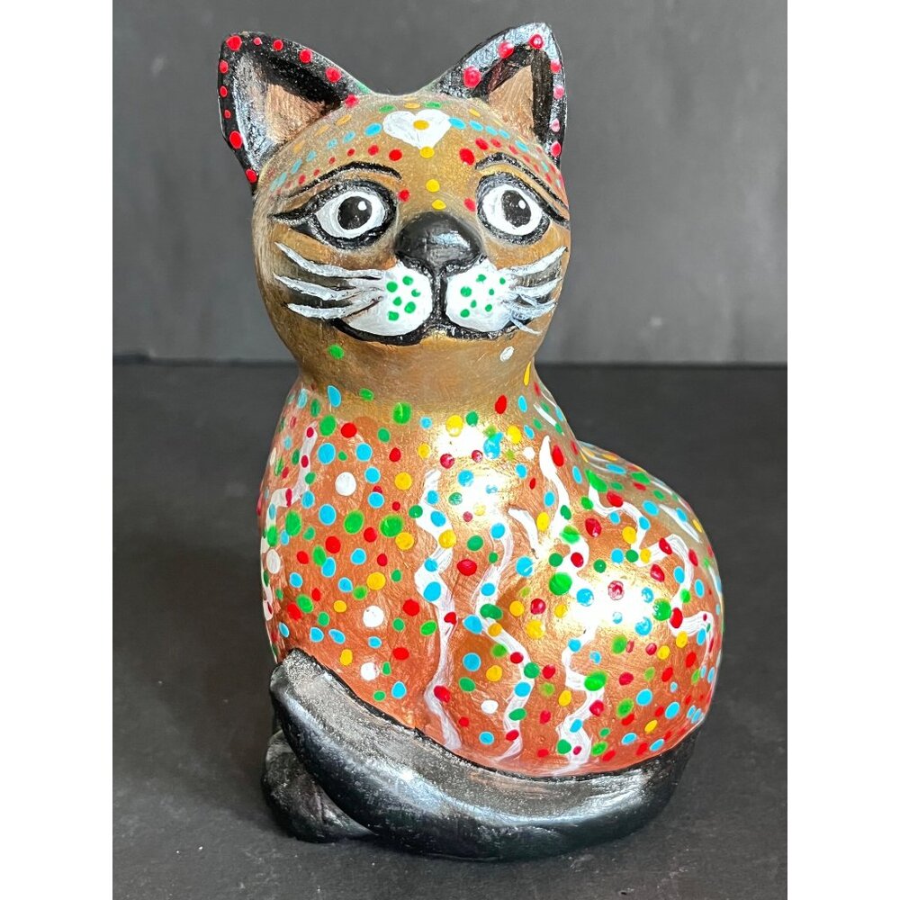 Handcrafted Martin Lechner Wooden Cat Figurine With Colorful Polka Dots